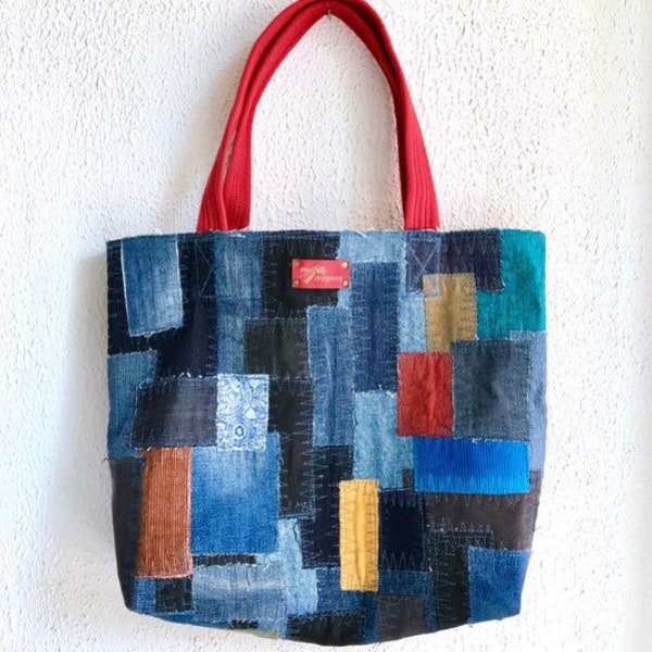 Denim patchwork bag XL shopping big boro shopper market bag réutilisé vieux jeans up-cyclé recycler mode durable sac fourre-tout multicolore