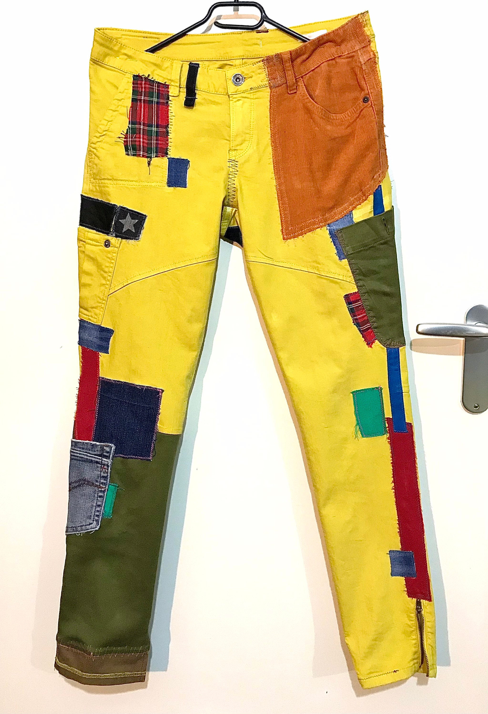 Gepatchte vrouwen broek katoen stretch gerecycled upcycled vintage ...