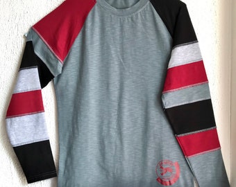 Mens t-shirt grey multicolor cotton long sleeve patchwork striped jersey scrap recycled limited edition skateboard tshirt red black teenager