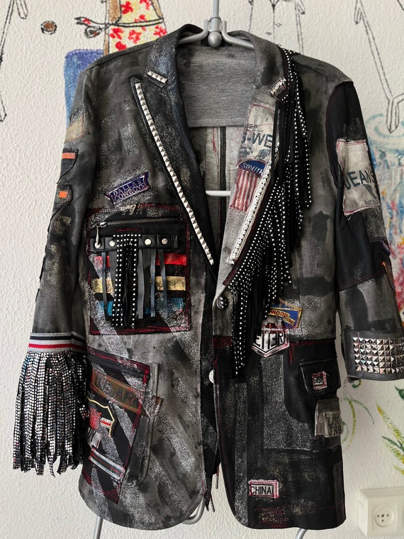 Black Jersey Rock n roll Blazer Punk Studs Sparkling Music Show Jacket Performance Clothing Unisex Circus Suit Sequins Fringes Tassels Metal Etsy Australia