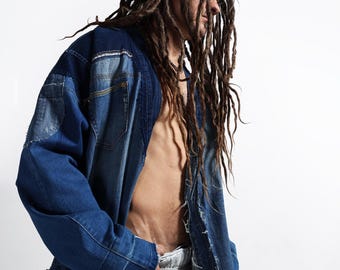 Upcycled Denim Kimono Jacket: Patchwork Jeans, Unisex Oversize
