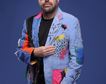 エモーショナルワールド  ディスカバード サイズ:1  24SS  Denim Remake Blazer デニムリメイクブレザージャケット 中古 BS99 Denim Blazer Patchwork Vintage Eclectic Jacket Reused Recycled