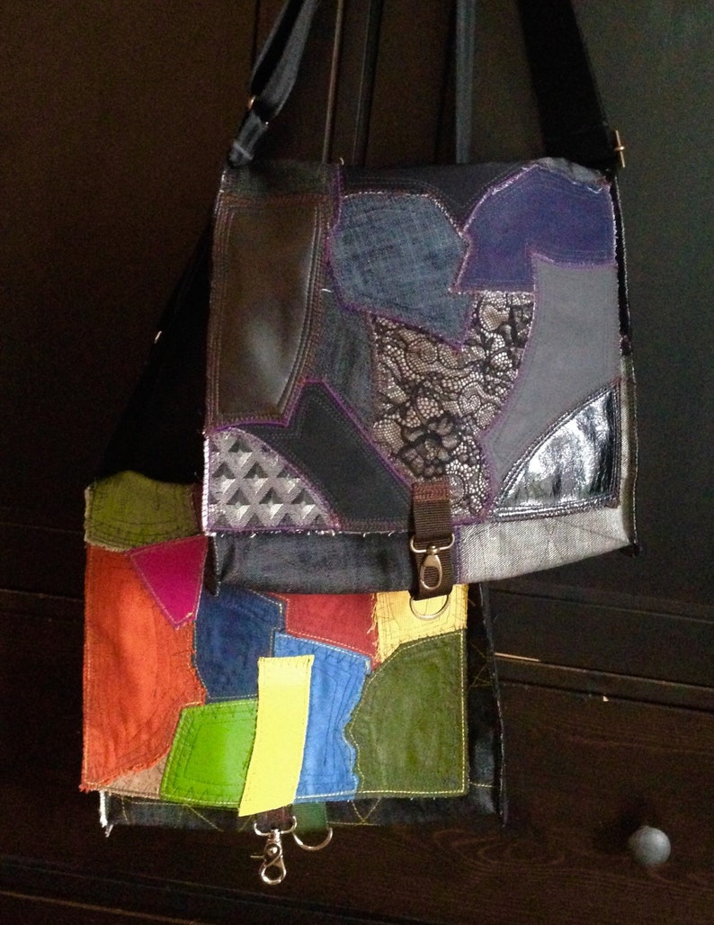 Patchwork Handbag Denim Mixed Swatches Multicolor Zipper Etsy