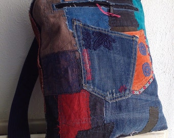Denim recycled backpack, patchwork backpack, upcycled denim backpack, soft cotton straps, zipper closing, 3 pockets multicolor eco fashion
