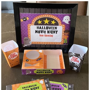 Instant Download - PDF template Kids Halloween Themed Movie Night / Cinema Set (Printable by you /DIY) snack tray, popcorn box, kids treats