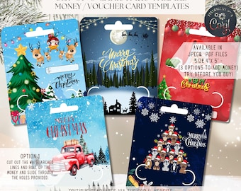 May include: Set of 5 Christmas-themed money/voucher card templates. Designs include a Christmas tree, reindeer, a winter night scene, a red truck, and a tree made of dogs. Each card has a hole for money. Text includes "Merry Christmas".