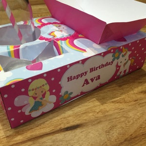 Cute Unicorn and Fairy themed party lunch box with hotdog nacho tray and popcorn box rainbow, hearts pink  images perfect for princess girl party.  snack box, concession food tray, PDF template personalise with your birthday message