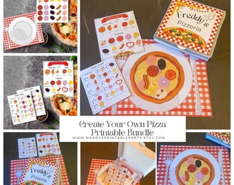May include: Printable pizza party set with a red and white checkered tablecloth, a white plate with a pizza, a pizza box with the text "Freddy's Pizzeria", and a printable order ticket.