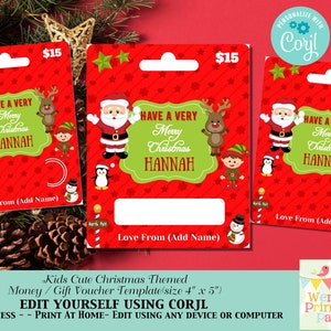 May include: Red Christmas-themed gift voucher template with Santa Claus, reindeer, and elf illustrations. The voucher includes the text "Have a Very Merry Christmas" and a space for a name. The price is $15.