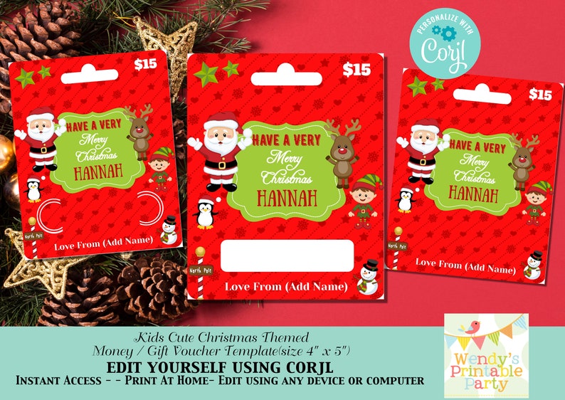 May include: Red Christmas-themed gift voucher template with Santa Claus, reindeer, and elf illustrations. The voucher includes the text "Have a Very Merry Christmas" and a space for a name. The price is $15.