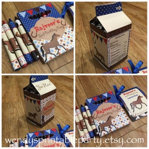 Pdf-sjablonen Cowboy/rodeo-thema melkpak gunstdoos met kleurpotlooddoos, waskrijt, kleurboek (gepersonaliseerd) Wild West, Giddy Up