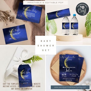 May include: A printable baby shower set with a blue and gold color scheme. The set includes a thank you tag, a diaper raffle card, a water bottle label, and an invitation. The invitation features a crescent moon and the text "We're Over the Moon".