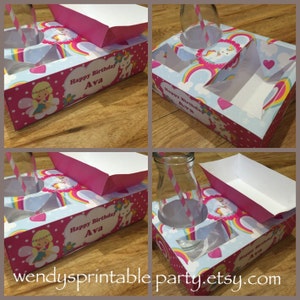 Cute Unicorn and Fairy themed party lunch box with hotdog nacho tray and popcorn box rainbow, hearts pink  images perfect for princess girl party.  snack box, concession food tray, PDF template personalise with your birthday message