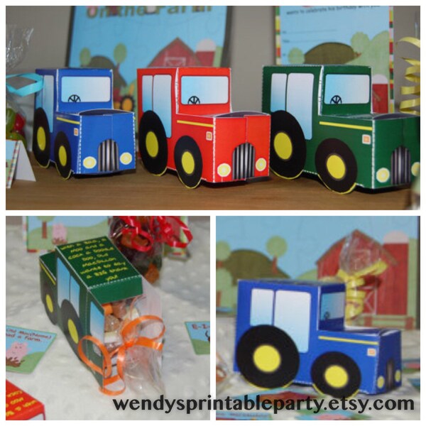 Set of 3 red, green / blue PDF template Personalized Printable Tractor Party Favor Box (printable by you / DIY) see listing for details farm