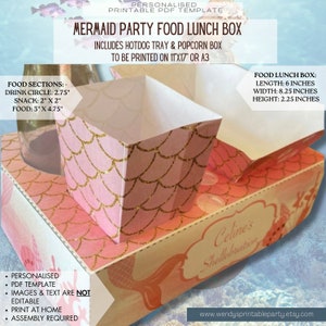 PDF template Mermaid Party Food Lunch Box with Hotdog Tray & Popcorn Box (Printable by you /DIY) Under the Sea, Mermaid Tails, Pink and Gold