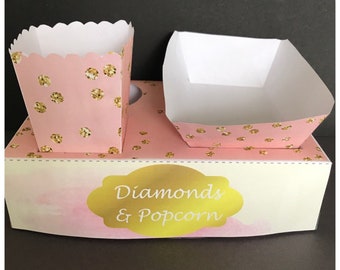 PDF template Pink / Gold Glitter Party Food Lunch Box with Hotdog Tray & Popcorn Box (Printable by you /DIY) -  details in description