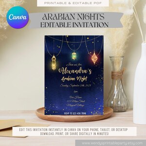 May include: A navy blue invitation with gold accents for an "Arabian Night" event. The invitation features three hanging lanterns, the event details, and the text "Edit this invitation instantly in Canva".