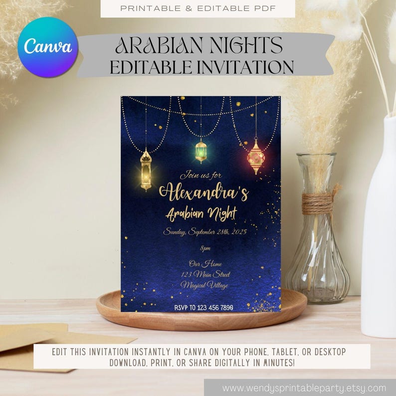 May include: A navy blue invitation with gold accents for an "Arabian Night" event. The invitation features three hanging lanterns, the event details, and the text "Edit this invitation instantly in Canva".