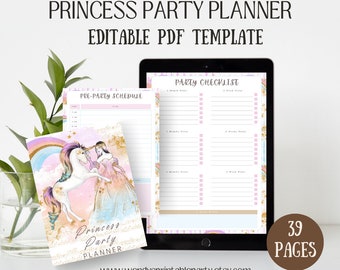 Princess and Unicorn Party Planner Bundle Editable PDF Instant Digital Download Printable Gift Ideas, Budget Tracker, Guest Checklist Games