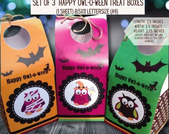 INSTANT Download - Set of 3 Cute Happy Owl-O-Ween Halloween Treat Box (Printable by you) trick or treat, boo candy box, spooky decor, kids