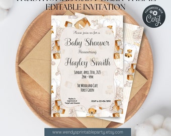 Traditional Teddy Bear Baby Shower Invitation,Wooden Baby Blocks Neutral Unisex Baby Shower Brown Boho Bear Watercolor Bearly Wait EDITABLE