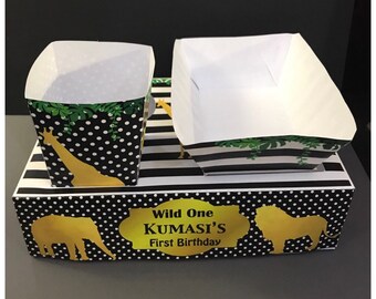 PDF template Elegant Safari Themed Party Food Lunch Box, Hotdog Tray & Popcorn Box (Printable by you/DIY) sizes/product info in description