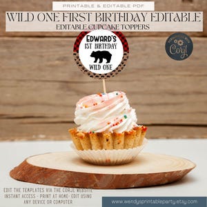 Lumberjack First Birthday printable set. With red and black plaid background and brown with black bears baby bear images.  Baby Boy party set . Inc invitation, welcome sign, thankyou card, gift tags, banner water bottle labels. Edit Corjl.