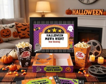 Instant Download - PDF template Kids Halloween Themed Movie Night / Cinema Set (Printable by you /DIY) snack tray, popcorn box, kids treats