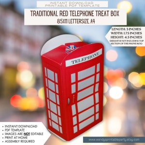 Sofortiger Download - PDF-Vorlage Traditionelles rotes Telefon / London Themed Geschenkbox Vorlage (Größe / Details in der Auflistung) DIY High Tea Party
