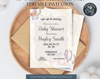Up & Away Baby Shower Invitation,Let The Adventure Begin, Hot Air Balloon, watercolor bear neutral unisex editable Corjl Instant Download