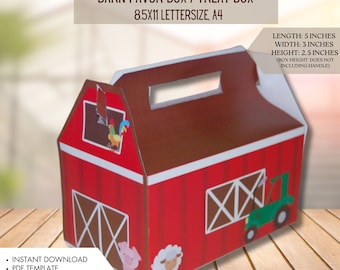 Descarga instantánea - Plantilla PDF Caja de regalo con temática de granero rojo / Caja de golosinas de animales de granja (imprimible por usted y bricolaje) Tractor, fiesta de corral, país