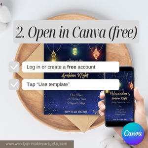 May include: An Arabian Nights-themed invitation design with a navy blue background and gold accents. The image includes a smartphone displaying the invitation, a printed invitation, and instructions to open the design in Canva.