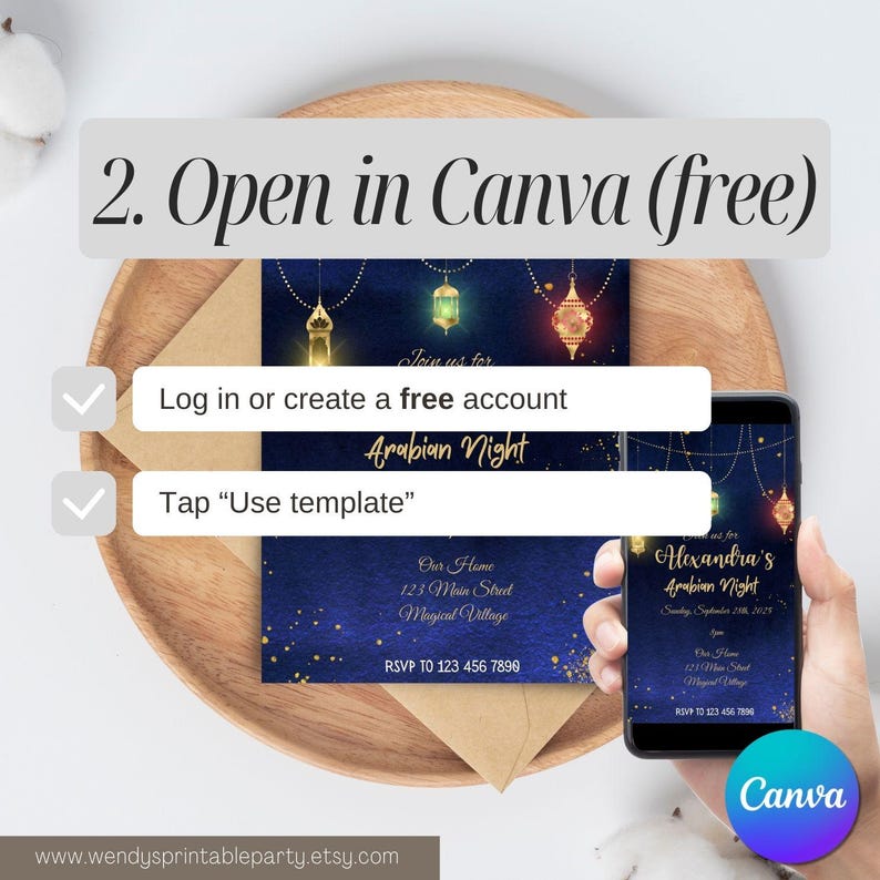 May include: An Arabian Nights-themed invitation design with a navy blue background and gold accents. The image includes a smartphone displaying the invitation, a printed invitation, and instructions to open the design in Canva.