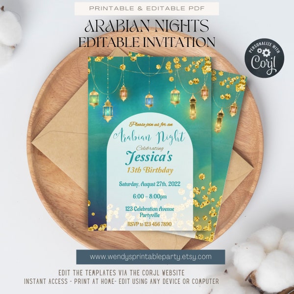 Arabian Nights Themed Invitation, Moroccan Wedding, Turkish Lamps, Elegant, Teen Birthday, bridal shower Instant Download, EDITABLE Corjl