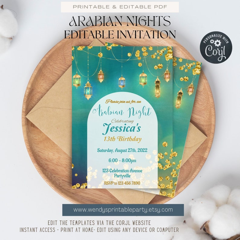 Arabian Nights themed editable invitation. in turquoise and gold. perfect for a teen party sweet 16, moroccan wedding and birthday. With turkish lamps