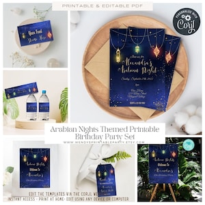 Arabian Nights Birthday Party Set, Moroccan wedding, Turkish lamps. Welcome sign water bottle label invite food card- Corjl Instant Download