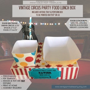 PDF template Vintage Circus Themed Party Food Lunch Box w/ Hotdog Tray & Popcorn Box (Printable by you /DIY) carnival birthday, big top tent