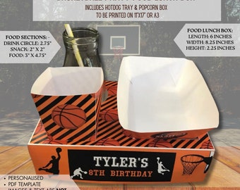 Modèle PDF Boîte à lunch de nourriture de fête sur le thème du basket-ball avec plateau de hot-dogs et boîte de pop-corn (imprimable par vous) slam dunk, anniversaire de cerceau de basket-ball