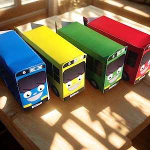 Juego de 4 cajas de regalo coloridas con forma de autobús (plantilla PDF imprimible) - Eventos con temática de transporte o vehículos - Fiesta de fin de curso - Manualidades