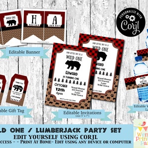 Lumberjack First Birthday printable set. With red and black plaid background and brown with black bears baby bear images.  Baby Boy party set . Inc invitation, welcome sign, thankyou card, gift tags, banner water bottle labels. Edit Corjl.