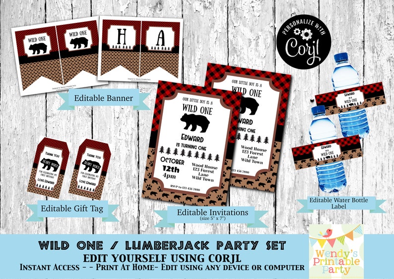 Lumberjack First Birthday printable set. With red and black plaid background and brown with black bears baby bear images.  Baby Boy party set . Inc invitation, welcome sign, thankyou card, gift tags, banner water bottle labels. Edit Corjl.