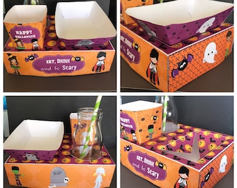 Instant Download PDF template Halloween Themed Party Food Lunch Box w/ Hotdog Tray & Popcorn Box (Printable by you/DIY) see listing for info