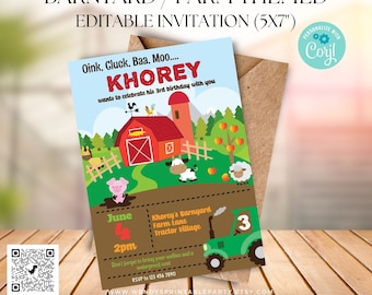 Barnyard Birthday Party Invitation, Farm Ranch Party, Barnyard Animals On The Farm Party, Tractor Kids Theme EDITABLE Corjl Instant Download