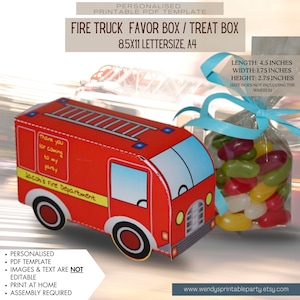 Könnte beinhalten: Druckbare PDF-Vorlage für eine Feuerwehrauto-Geschenkbox. Die Box ist rot mit schwarzen Details und einer Leiter oben. Die Box ist 11,4 cm lang, 4,4 cm breit und 7 cm hoch. Der Text auf der Box lautet "Vielen Dank für dein Kommen zu meiner Party Jacobs Feuerwehr".
