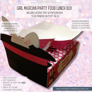 Plantilla PDF Girl Magician Themed Party Food Lunch Box (DIY, imprimible por ti, personalizado) espectáculo de magia cumpleaños, truco de magia, mago, varita