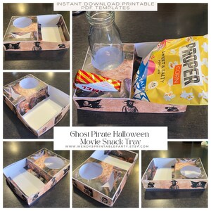 Könnte beinhalten: Druckbare PDF-Vorlage für ein Gespensterpiraten-Halloween-Snack-Tablett. Das Tablett hat vier Fächer, eines für ein Getränk, eines für einen Snack und zwei für andere Gegenstände. Das Tablett ist mit einem Piratenthema verziert, darunter ein Totenkopf und Knochen, ein Piratenschiff und ein Pirat.
