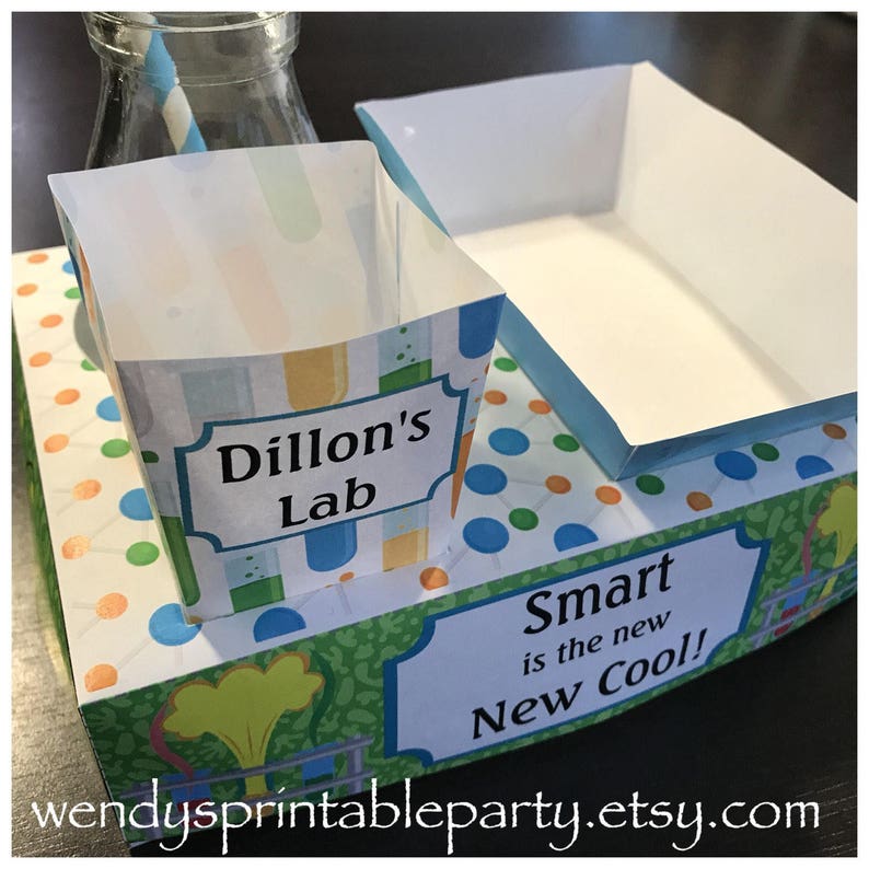 Mad Scientist themed party lunch box with hotdog nacho tray and popcorn box with test tube science perfect for experiment crazy science party. Great snack box, concession food tray, PDF template - personalise with your birthday message.
