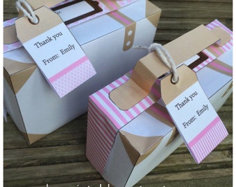 PDF template of Pink and Cream Suitcase style treat Bag w/ personalized gift tag (Printable & diy) (see description for sizes) both designs