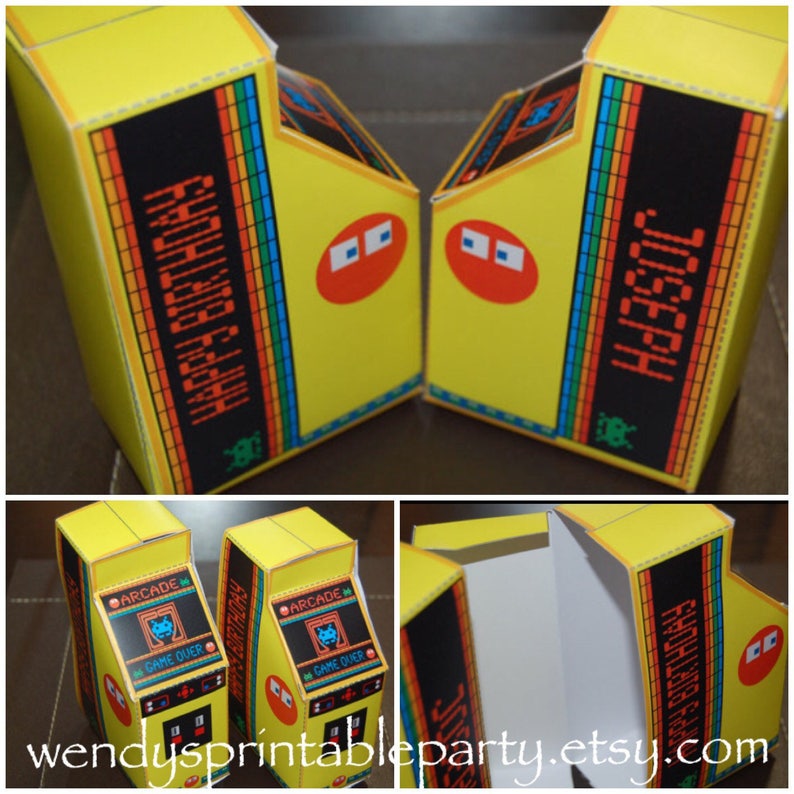 PDF template retro arcade machine shaped gift box.  Personalised with your message. Perfect for a gamer or retro party. Colour is yellow and has gamer style images on the template