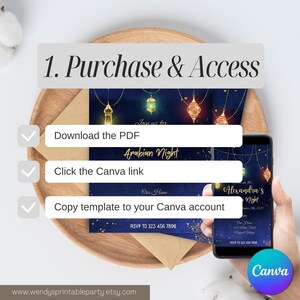 May include: An invitation design for an Arabian Nights themed party. The design features a dark blue background with gold accents and hanging lanterns. The image includes instructions for downloading the PDF, clicking the Canva link, and copying the template.